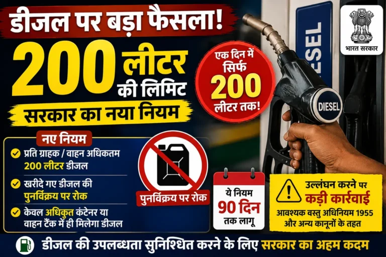 Diesel Sale Limit: सरकार ने डीजल बिक्री पर लगाया नया नियम, एक दिन में 200 लीटर से ज्यादा नहीं खरीद सकेंगे. Diesel Sale Limit: सरकार ने डीजल बिक्री पर लगाया नया नियम, एक दिन में 200 लीटर से ज्यादा नहीं खरीद सकेंगे.